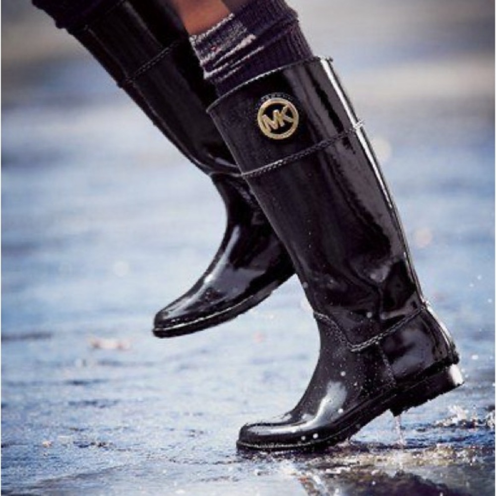 Michael Kors Glossy Tall Black Rain Boots with Gold Logo
